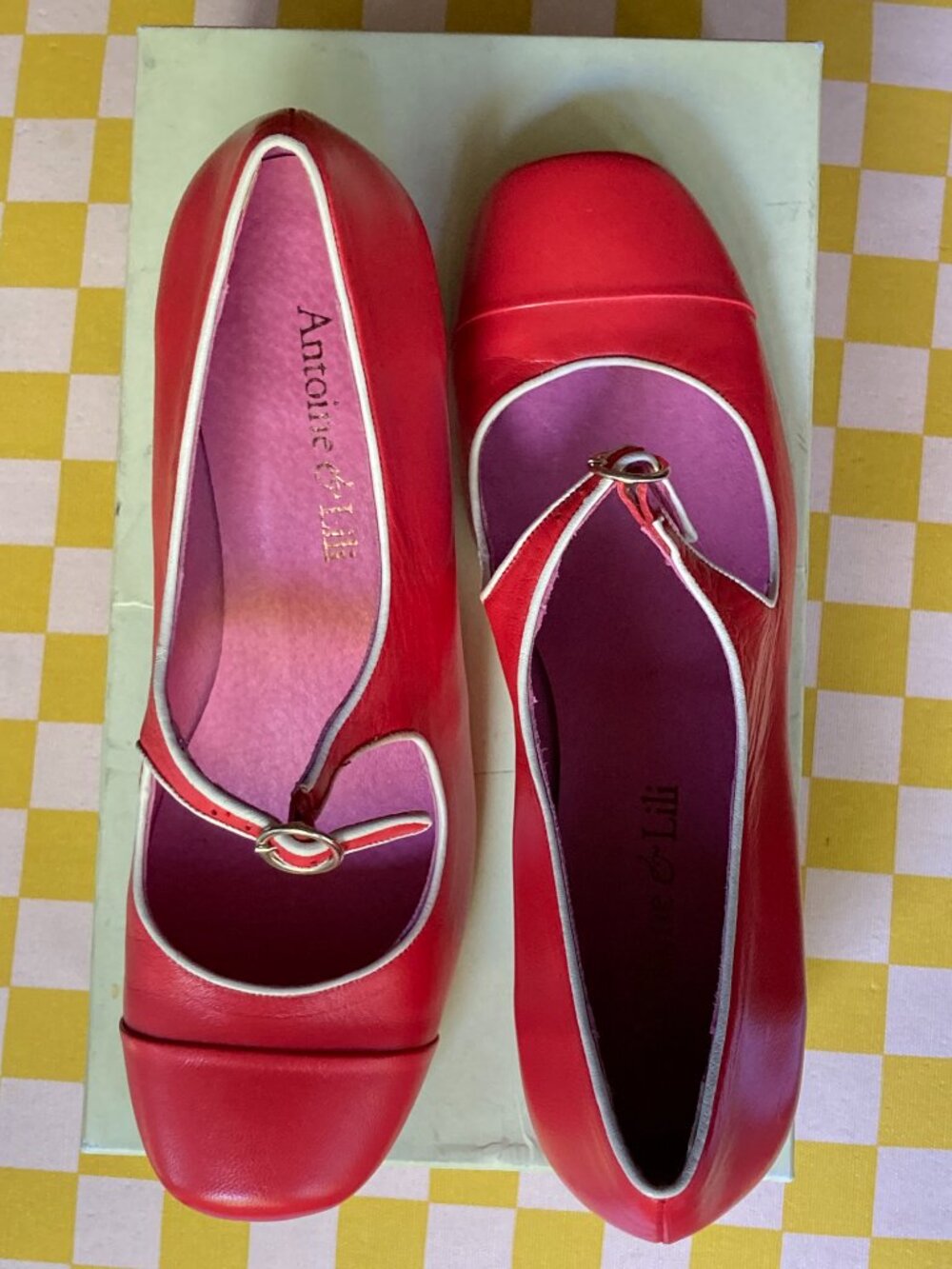 ✨ NWB Antoine & Lili Paris Red Leather Block Heel Shoes Size 38 ✨ - Picture 13 of 14
